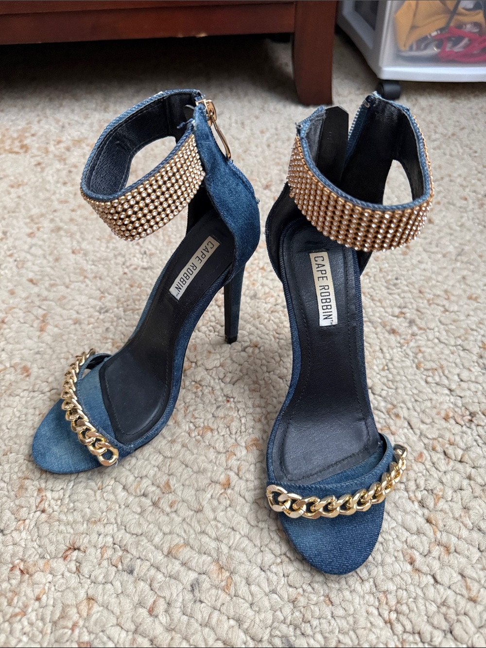 Cape Robbin Denim High Heel Sandals with Gold Chain and Studded Ankle